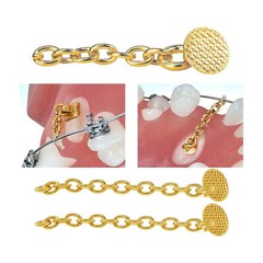 Dental Orthodontic Traction Rectangular Round 18K Gold Plated Buttons With Chain