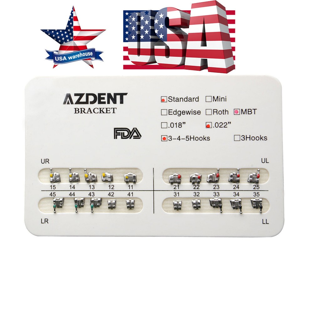 AZDENT Dental Orthodontic Metal Bracket Braces Standard MBT Slot 0.22 Hook 3-4-5