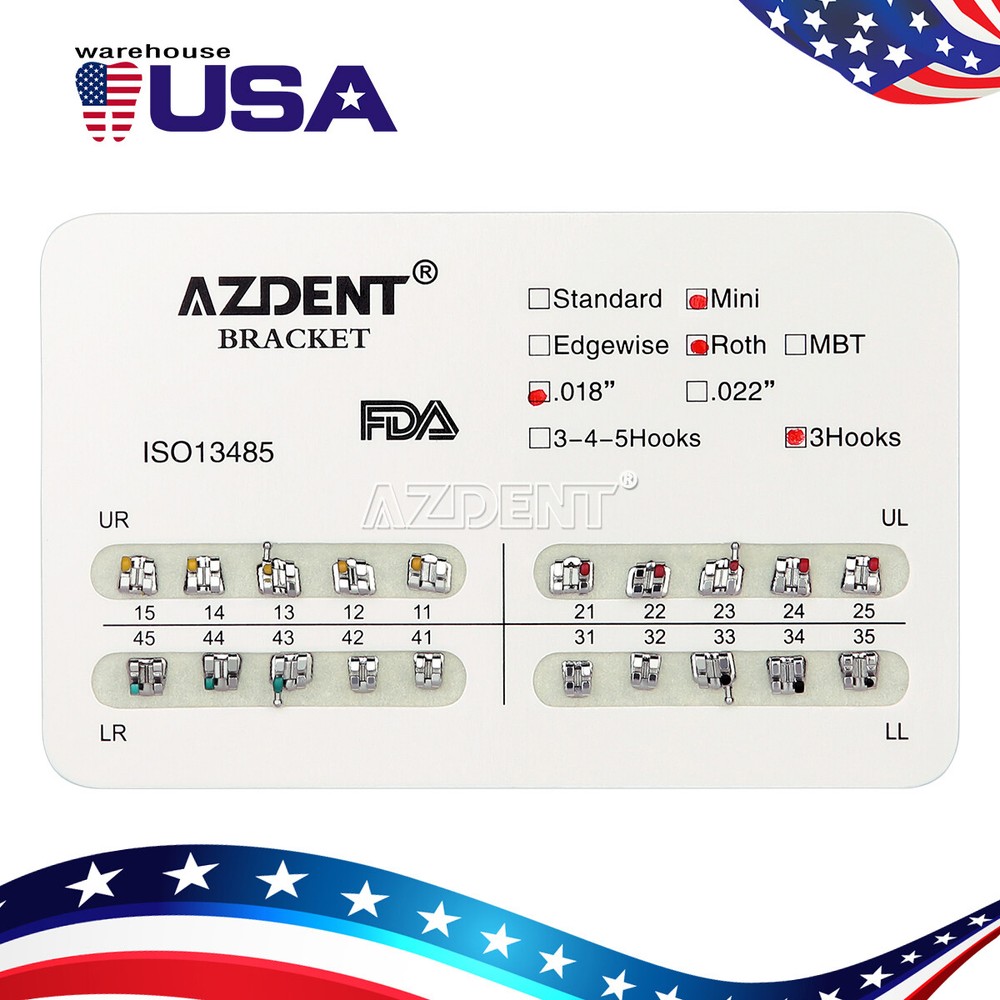 AZDENT Orthodontic Dental Brackets Braces Mini Standard Roth MBT.022/.018 Hooks