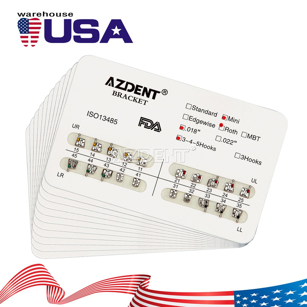 10 Packs AZDENT Dental Orthodontic Brackets Braces Metal Mini Roth.018 Hooks 345
