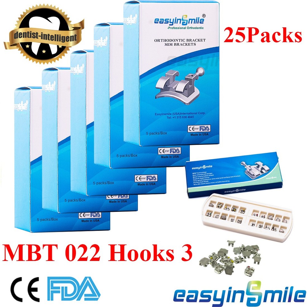 25Packs Orthodontic Brackets MBT Roth 022” 3/345Hook Dental Ortho Metal Bracket