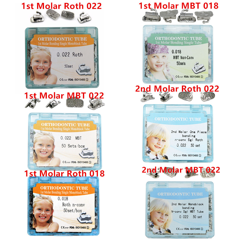 50 Sets Dental Orthodontic Sgl Buccal Tubes Base 1st 2nd Molar Roth/MBT 022/018