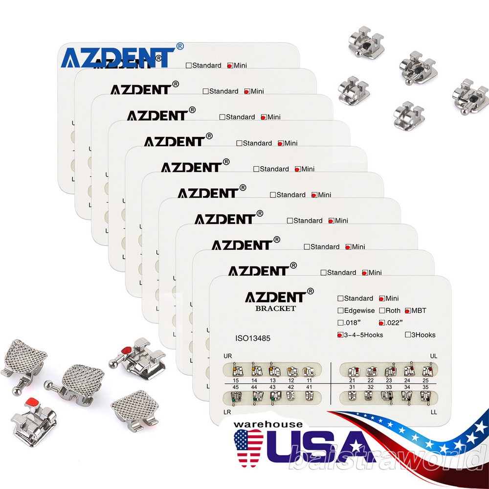 10Pack AZDENT Dental Orthodontic Brackets Braces Mini MBT Slot 022 Hooks 3-4-5