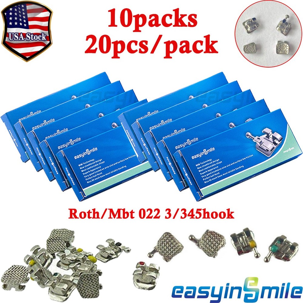 10Packs Dental Mini Brackets MBT/Roth 022 3/345 Hooks Orthodontic Metal Braces