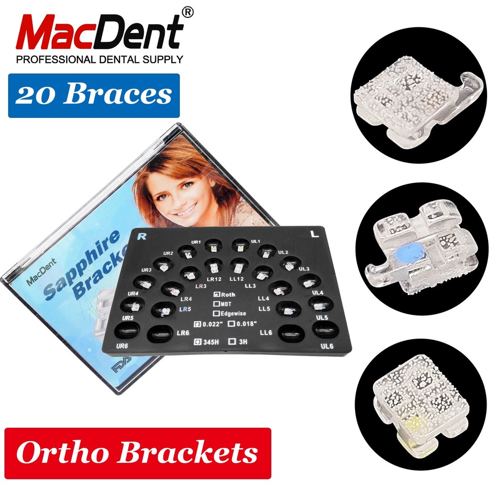 20pcs Dental Ortho Monocrystalline Sapphire Ceramic Clear Bracket MBT/ROTH 0.22