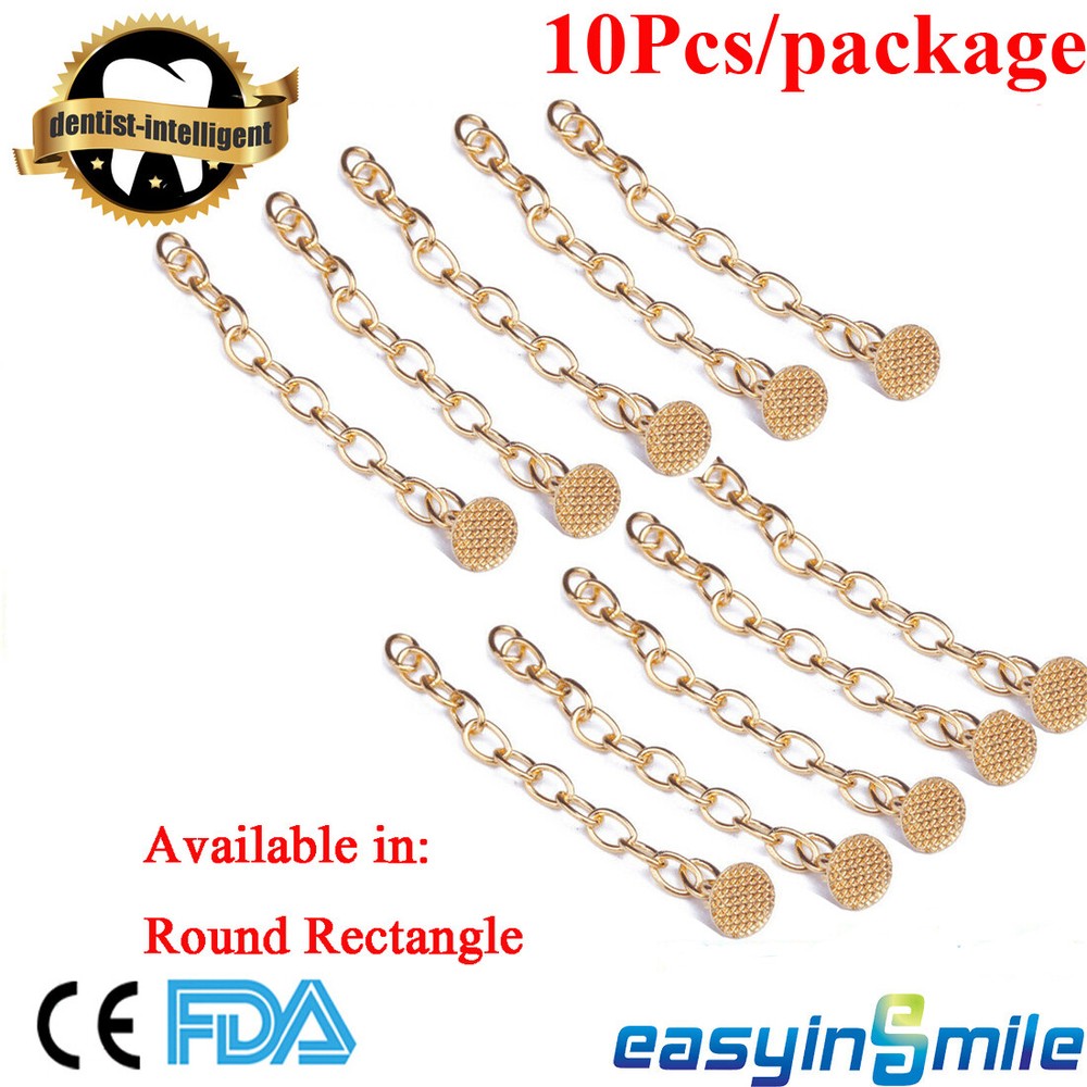 10Pcs Dental Traction Chain Gold Plated Lingual Button Round Rectangle Mesh Base