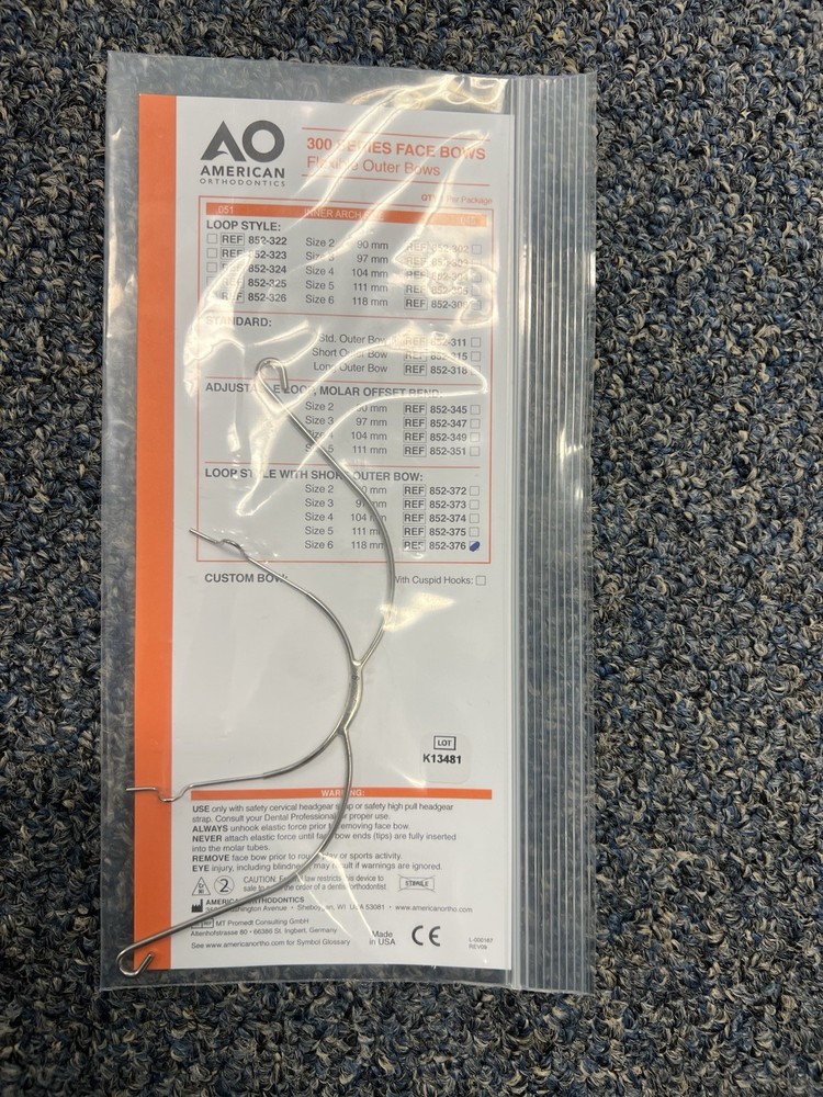 AO American Orthodontic Face Bows 852-376 Loop Style With Short Outer Bow