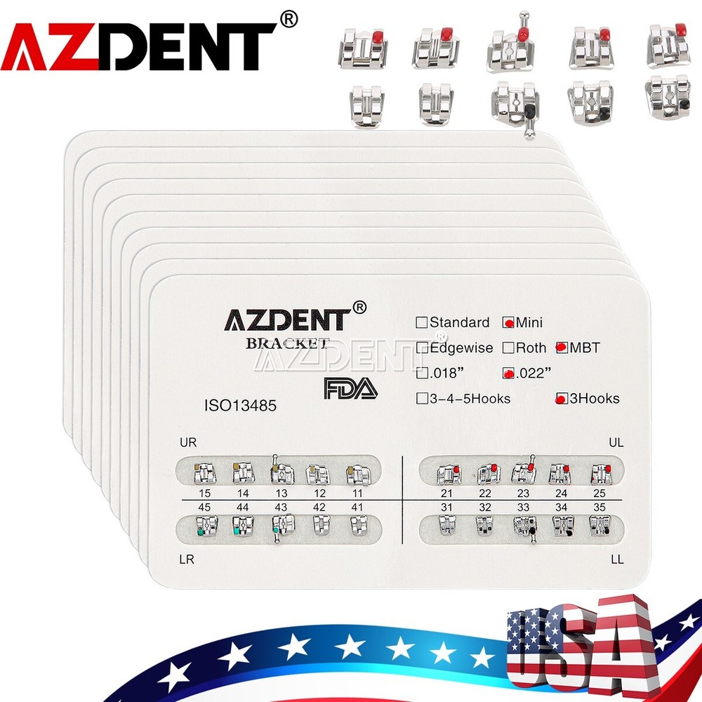 10 X AZDENT Dental Orthodontic Brackets Braces Mini MBT.022 Hook 3 Metal