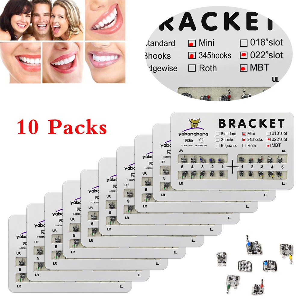 10 Packs USA Dental Mini Metal Brackets 3-4-5 Hooks #1-4 Roth./MBT 022 Slot AK
