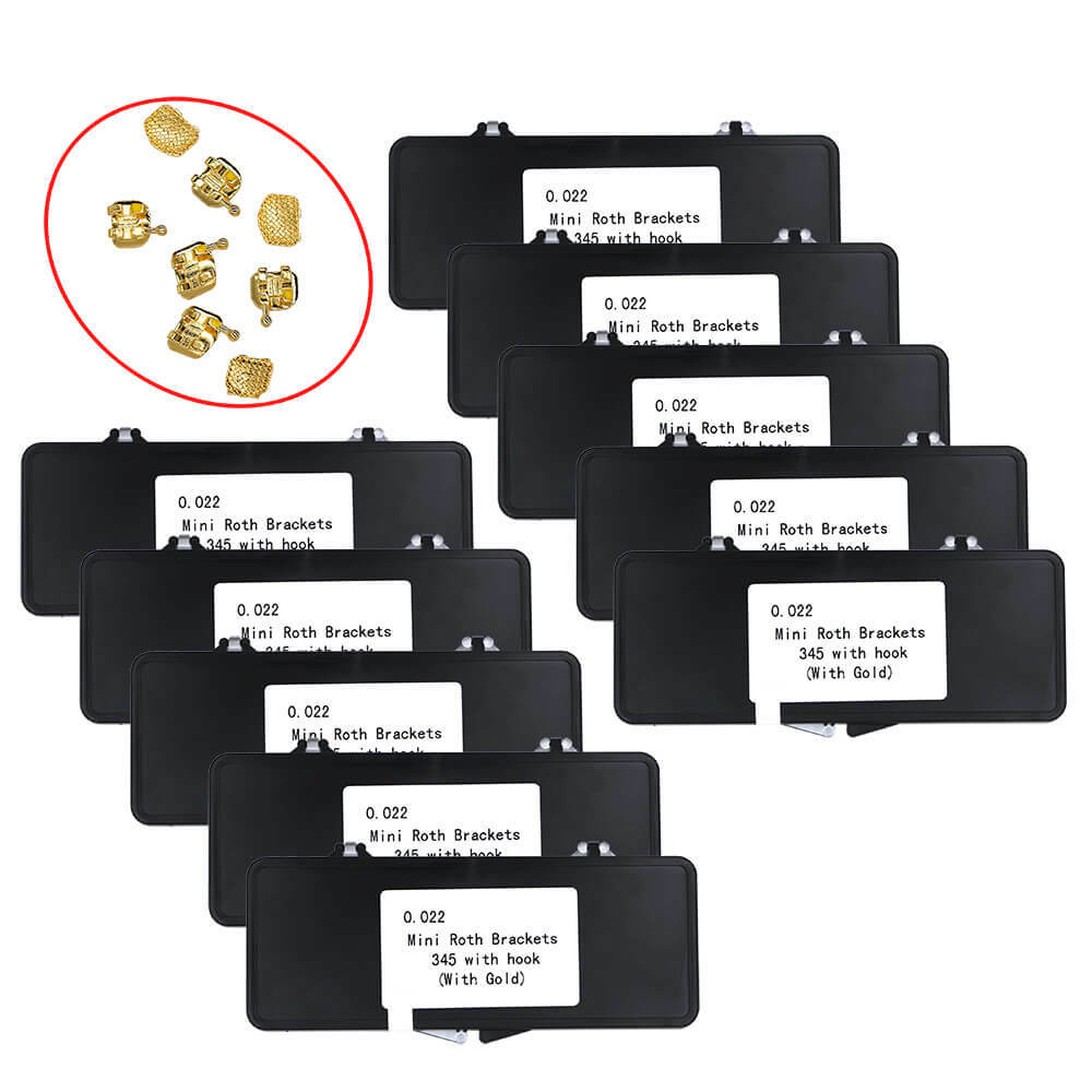 10 KIT 18K Gold Coated Dental Orthodontic Metal Bracket Mini Roth 022 3-4-5 hook
