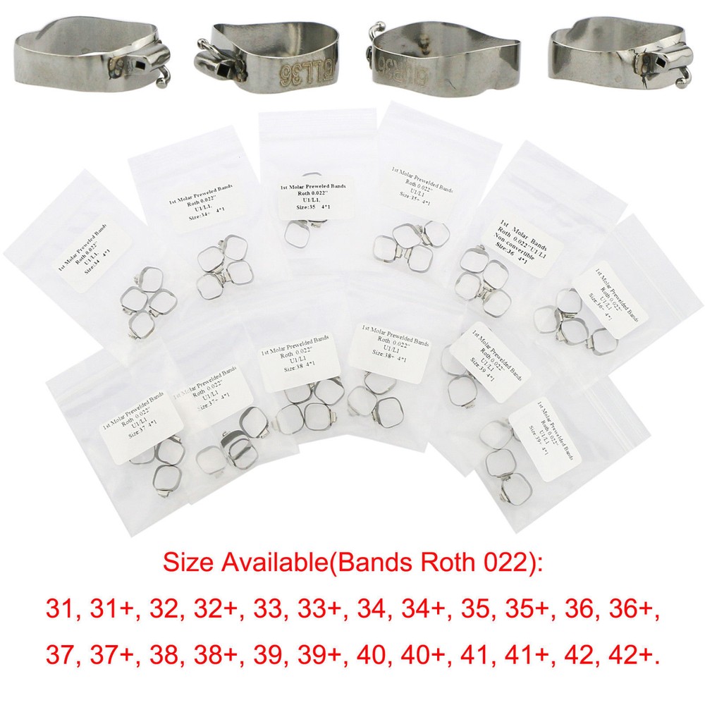 4 Pcs Dental Orthodontic Bands&Buccal Tube 1st Molar Roth.022 U1/L1 U2/L1 U3/L2